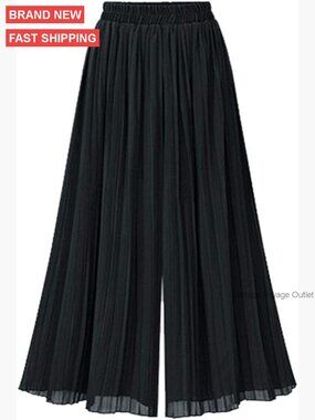 Elastic Waist Pleated Chiffon Culottes Cropped Wide Leg Flow Pants